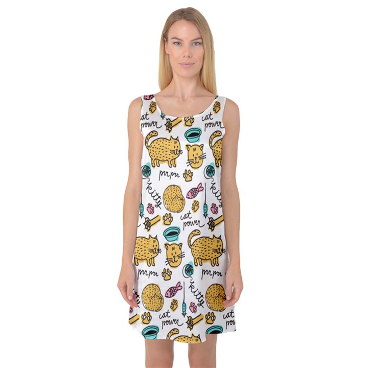 Hand Drawn Kitten Pattern With Elements Sleeveless Satin Nightdress