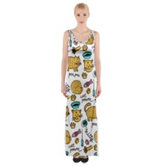 Hand Drawn Kitten Pattern With Elements Thigh Split Maxi Dress