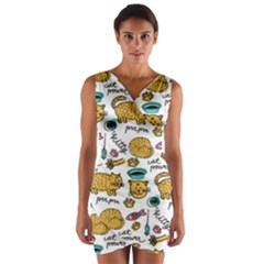 Hand Drawn Kitten Pattern With Elements Wrap Front Bodycon Dress