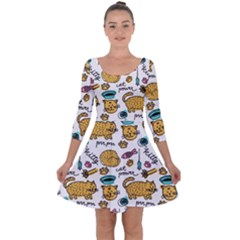 Hand Drawn Kitten Pattern With Elements Quarter Sleeve Skater Dress by Vaneshart