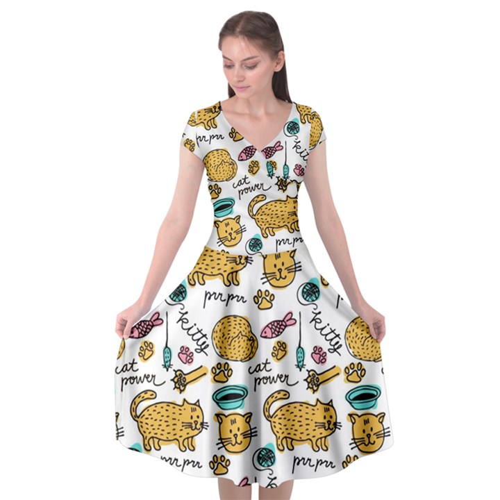 Hand Drawn Kitten Pattern With Elements Cap Sleeve Wrap Front Dress