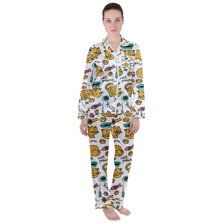 Hand Drawn Kitten Pattern With Elements Satin Long Sleeve Pyjamas Set