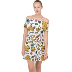 Hand Drawn Kitten Pattern With Elements Off Shoulder Chiffon Dress