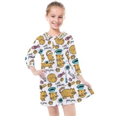 Hand Drawn Kitten Pattern With Elements Kids  Quarter Sleeve Shirt Dress by Vaneshart