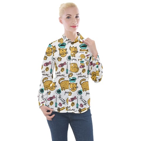 Hand Drawn Kitten Pattern With Elements Women s Long Sleeve Pocket Shirt by Vaneshart