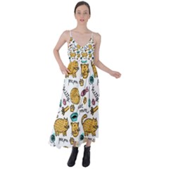 Hand Drawn Kitten Pattern With Elements Tie Back Maxi Dress