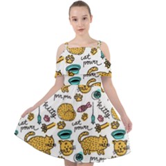 Hand Drawn Kitten Pattern With Elements Cut Out Shoulders Chiffon Dress