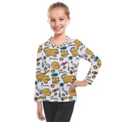 Hand Drawn Kitten Pattern With Elements Kids  Long Mesh Tee