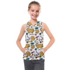 Hand Drawn Kitten Pattern With Elements Kids  Sleeveless Hoodie