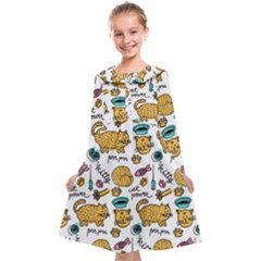 Hand Drawn Kitten Pattern With Elements Kids  Midi Sailor Dress