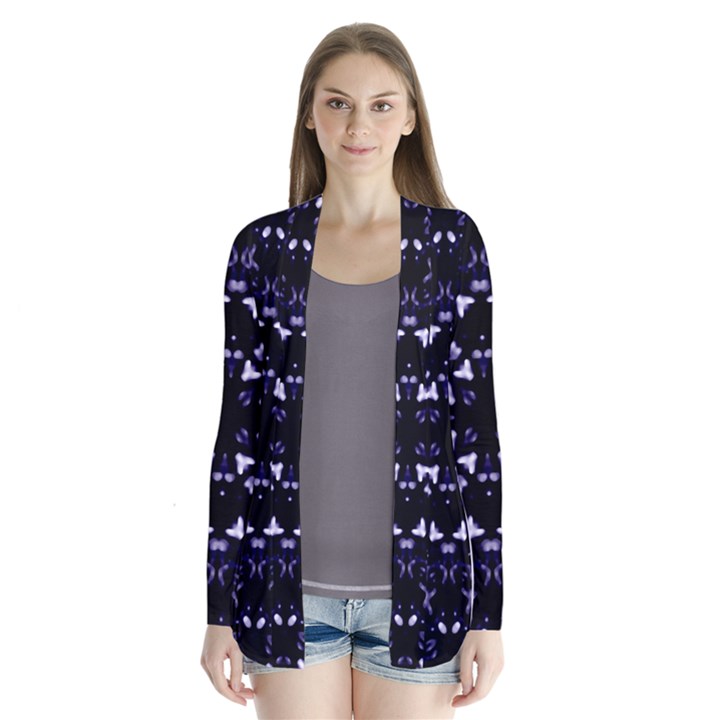 Dark Blue Ornament Pattern Design Drape Collar Cardigan