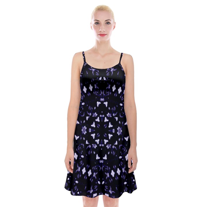 Dark Blue Ornament Pattern Design Spaghetti Strap Velvet Dress