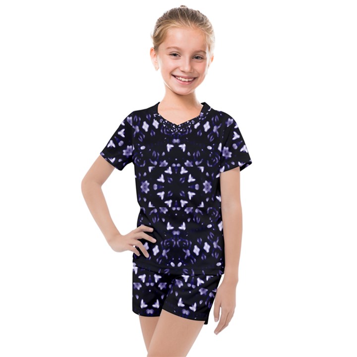 Dark Blue Ornament Pattern Design Kids  Mesh Tee and Shorts Set