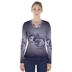 Decorative Clef, Zentangle Design V-neck Long Sleeve Top by FantasyWorld7