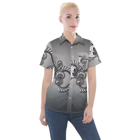 Decorative Clef, Zentangle Design Women s Short Sleeve Pocket Shirt by FantasyWorld7