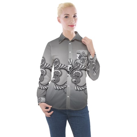 Decorative Clef, Zentangle Design Women s Long Sleeve Pocket Shirt by FantasyWorld7