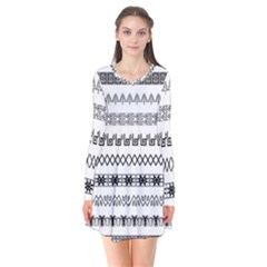 Borders Ikat Ethnic Frame Tribal Long Sleeve V-neck Flare Dress by Wegoenart