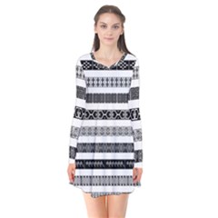 Borders Ikat Ethnic Frame Tribal Long Sleeve V-neck Flare Dress by Wegoenart