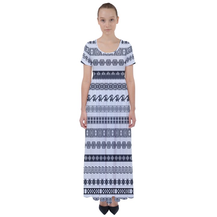 Borders Ikat Ethnic Frame Tribal High Waist Short Sleeve Maxi Dress