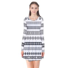 Borders Ikat Ethnic Frame Tribal Long Sleeve V-neck Flare Dress by Wegoenart