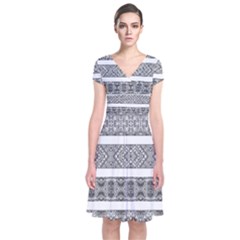 Borders Ikat Ethnic Frame Tribal Short Sleeve Front Wrap Dress