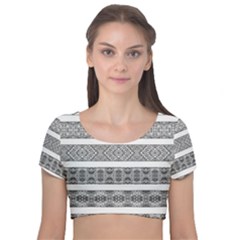 Borders Ikat Ethnic Frame Tribal Velvet Short Sleeve Crop Top  by Wegoenart