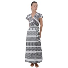 Borders Ikat Ethnic Frame Tribal Flutter Sleeve Maxi Dress