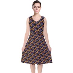 Abstract Orange Geometric Pattern V-neck Midi Sleeveless Dress  by Wegoenart