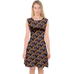 Abstract Orange Geometric Pattern Capsleeve Midi Dress