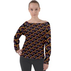 Abstract Orange Geometric Pattern Off Shoulder Long Sleeve Velour Top