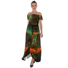 Space Cosmos Galaxy Universe Sky Off Shoulder Open Front Chiffon Dress by Wegoenart