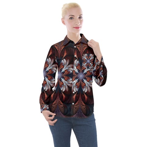 Fractal Flower Fantasy Floral Women s Long Sleeve Pocket Shirt by Wegoenart