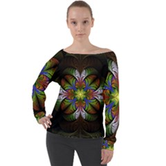 Fractal Flower Fantasy Pattern Off Shoulder Long Sleeve Velour Top