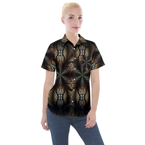 Fractal Flower Fantasy Floral Women s Short Sleeve Pocket Shirt by Wegoenart