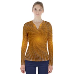 Fractal Abstract Background Pattern Gold Golden Yellow V-neck Long Sleeve Top by Wegoenart