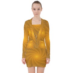 Fractal Abstract Background Pattern Gold Golden Yellow V-neck Bodycon Long Sleeve Dress by Wegoenart