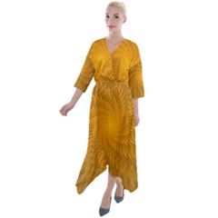 Fractal Abstract Background Pattern Gold Golden Yellow Quarter Sleeve Wrap Front Maxi Dress