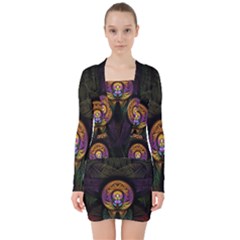 Fractal Abstract Background Pattern V-neck Bodycon Long Sleeve Dress by Wegoenart