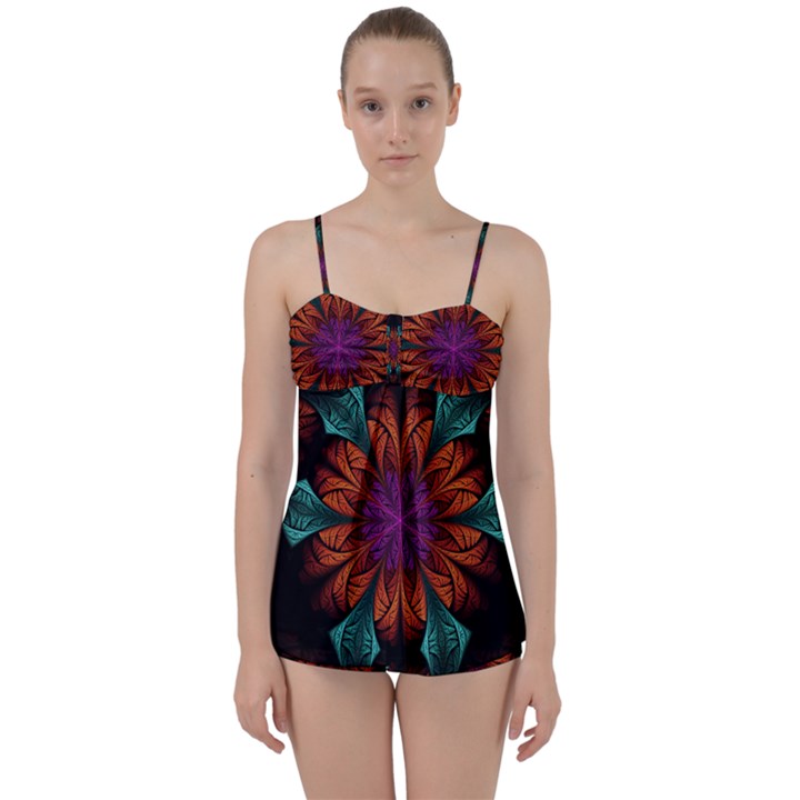 Fractal Flower Fantasy Floral Babydoll Tankini Set