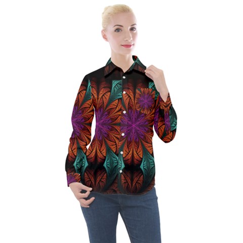 Fractal Flower Fantasy Floral Women s Long Sleeve Pocket Shirt by Wegoenart