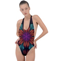 Fractal Flower Fantasy Floral Backless Halter One Piece Swimsuit by Wegoenart