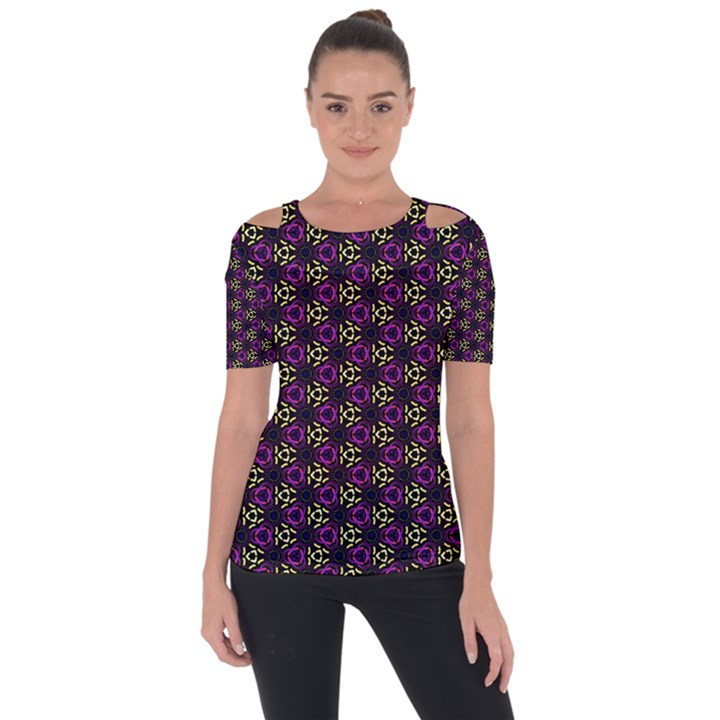 Wallpaper Floral Pattern Purple Shoulder Cut Out Short Sleeve Top