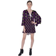 Wallpaper Floral Pattern Purple V-neck Flare Sleeve Mini Dress by Wegoenart