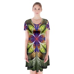 Fractal Flower Fantasy Design Short Sleeve V-neck Flare Dress by Wegoenart