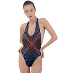 Art Abstract Fractal Pattern Backless Halter One Piece Swimsuit