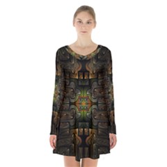 Fractal Fantasy Mystic Design Long Sleeve Velvet V-neck Dress