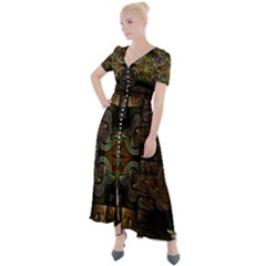 Fractal Fantasy Mystic Design Button Up Short Sleeve Maxi Dress