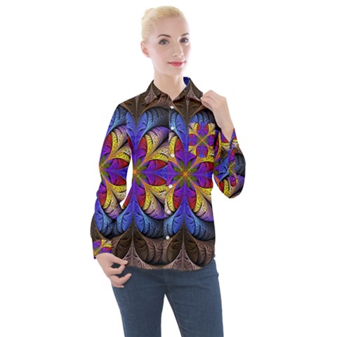 Fractal Flower Fantasy Floral Women s Long Sleeve Pocket Shirt by Wegoenart