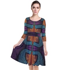 Art Abstract Fractal Pattern Quarter Sleeve Waist Band Dress