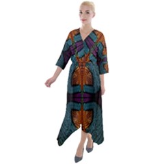 Art Abstract Fractal Pattern Quarter Sleeve Wrap Front Maxi Dress